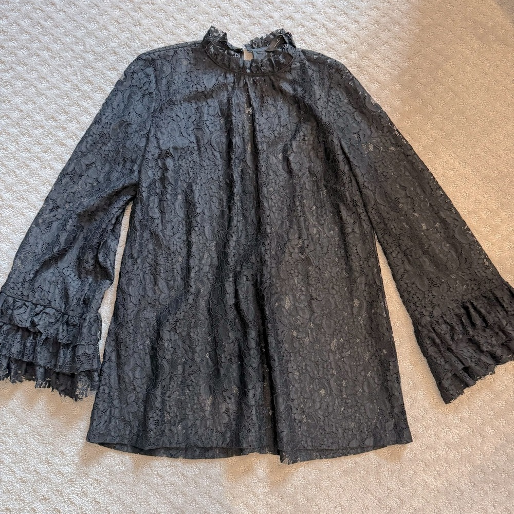 Zara Black Lace Blouse with Bell Sleeves. Size S